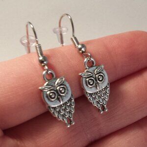 Silver Owl Carved Dangle Earrings Hypoallergenic Party Gift